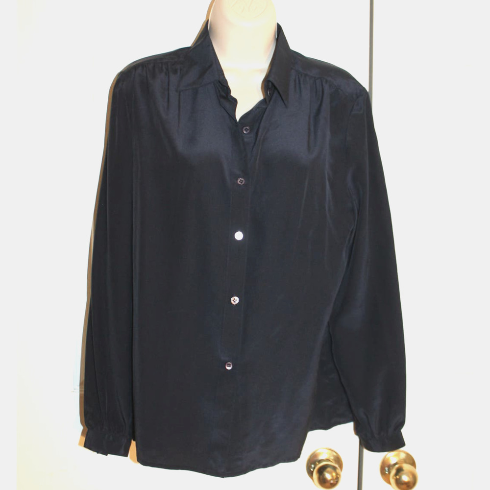 Four Seasons Vintage Navy Blue 100% Silk Blouse sz 10